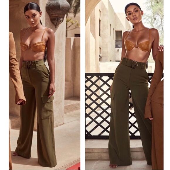 HOUSE OF CB Laurel Wide Leg Cargo trousers in olive green - Picture 3 of 12